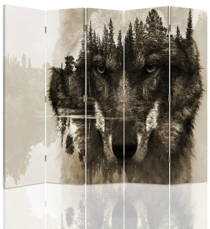 Ozdobný paraván Vlk Lesní zvířata Příroda - 180x170 cm, päťdielny, klasický paraván