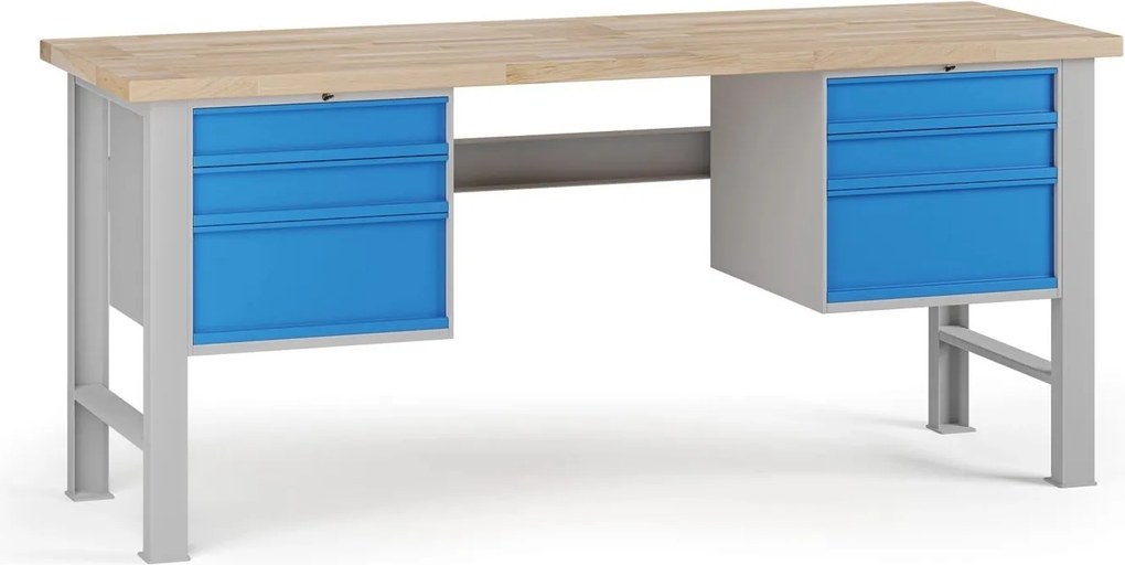 Dielenský pracovný stôl G7, buková škárovka, 2000 x 800 x 840 mm, 2x kontajner, 6 zásuviek, modrá