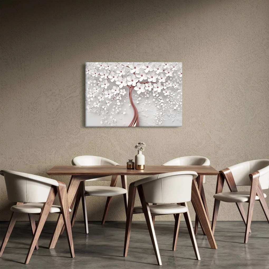 Obraz - Obraz bieleho stromu s kvetinami, rosegold (90x60 cm)
