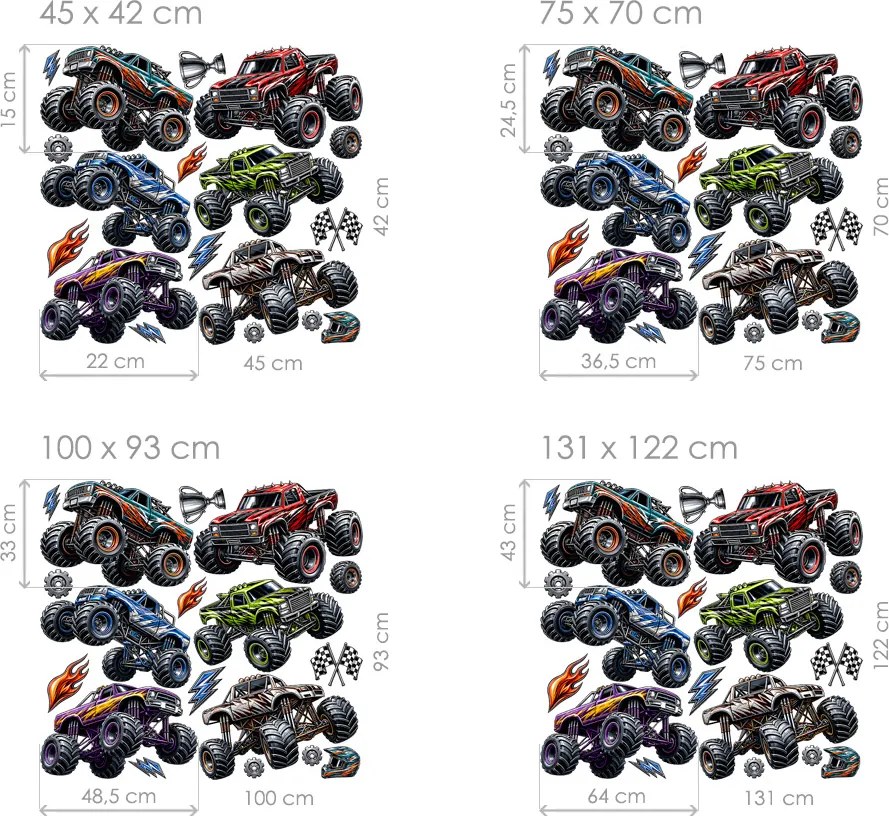 Autá typu monster truck nálepky na stenu do chlapčenskej izby list 45 x 42 cm
