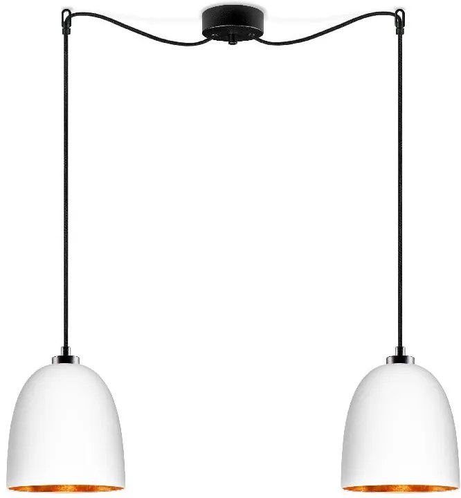 Biele dvojramenné závesné svietidlo s čiernym káblom s detailom v medenej farbe Sotto Luce Awa Matte