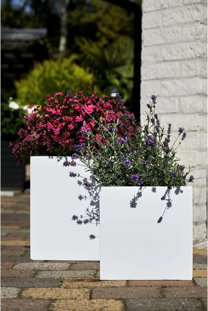 Samozavlažovací kvetináč BLOCK, sklolaminát, 40x40x40 cm, biely mat