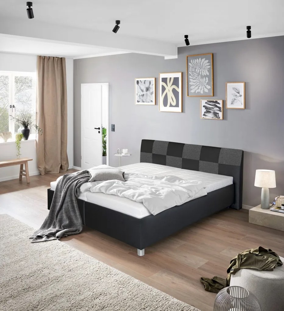 Posteľ Nice 180x200 cm, čierna ekokoža/sivá tkanina, bez matracov