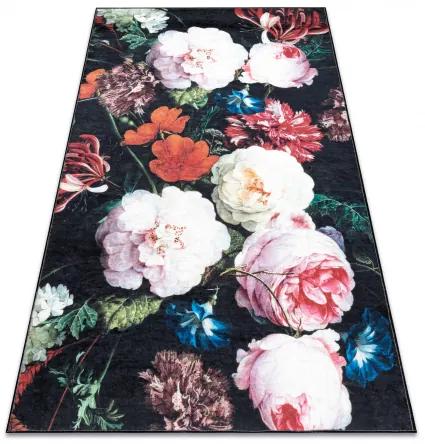 ANDRE 1629 umývací koberec kvety vintage protišmykový - čierna / ružový Veľkosť: 80x150 cm