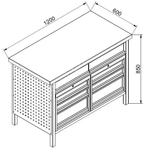 Dielenský pracovný stôl GD, 5 zásuviek, smrek + buková preglejka, 5 zásuviek, 1 skrinka, 1190 x 600 x 850 mm, antracit/červená
