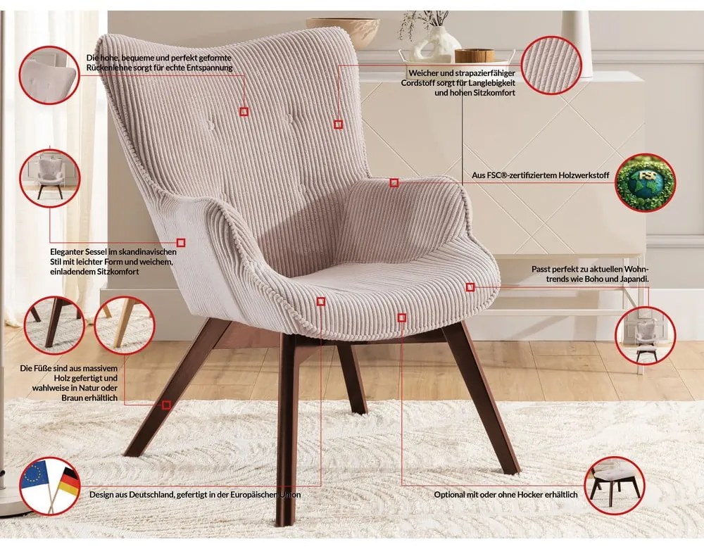 Svetloružové menčestrové kreslo s podnožkou Niko – Ropez