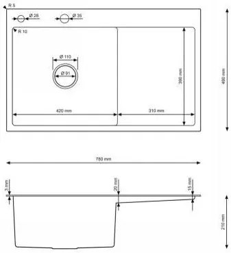 Erga HD, 1-komorový oceľový drez 780x490x210 mm, ľavý, grafitová, ERG-MLS-HD7849LB