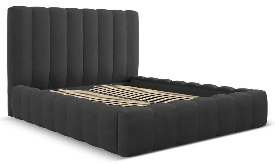 Antracitová čalúnená dvojlôžková posteľ s úložným priestorom a roštom 180x200 cm Kelp – Micadoni Home