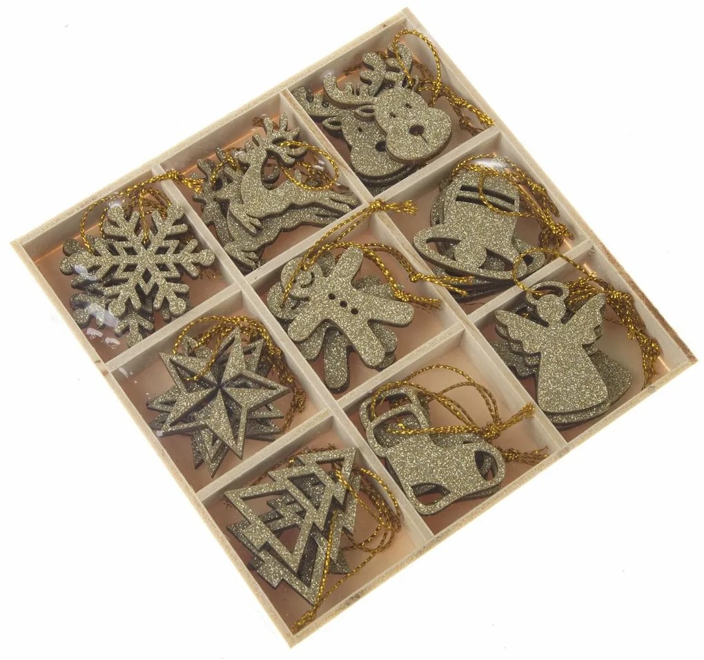 Sada vianočných drevených ozdôb v krabičke 36 ks, zlatá
