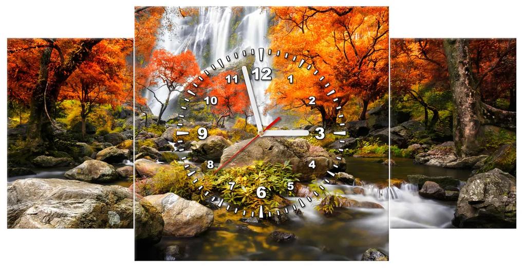 Gario Obraz s hodinami Jesenný vodopád - 3 dielny Rozmery: 90 x 70 cm