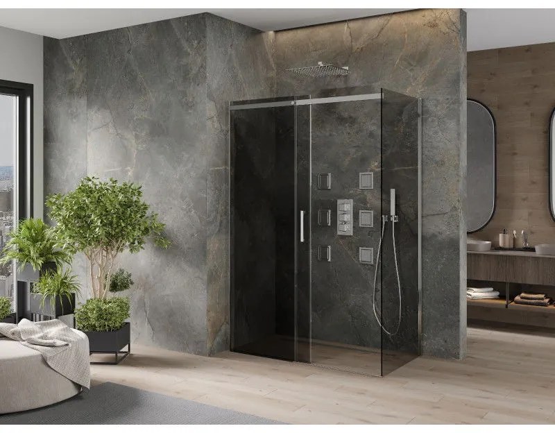 Mexen Omega, sprchovací kút s posuvnými dverami 160 (dvere) x 90 (stena) cm, 8mm sklo, chrómový profil-šedé sklo, 825-160-090-01-40