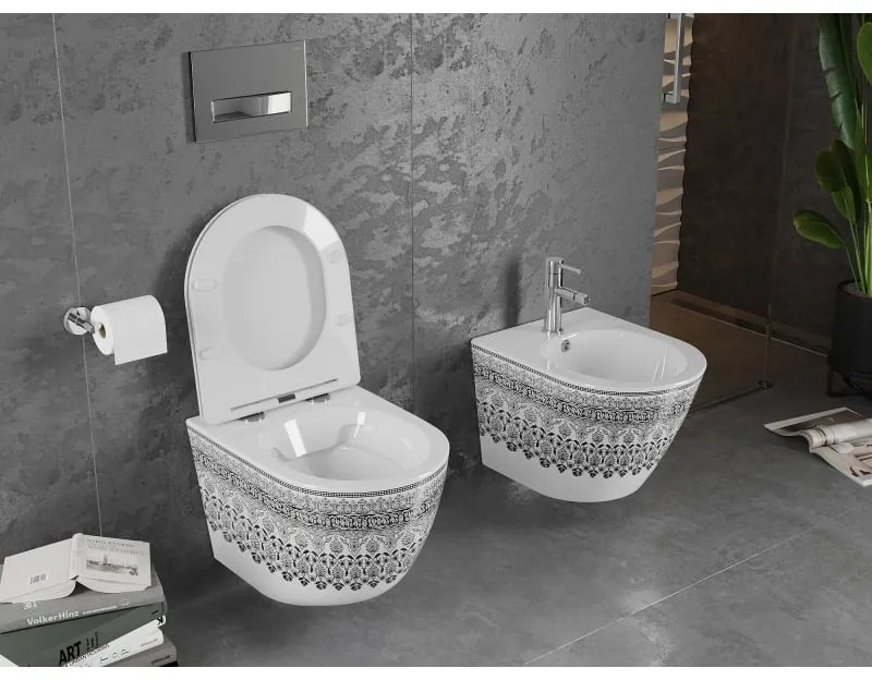 Mexen Lena, závesná WC misa Rimless s duroplastovým sedátkom s pomalým zatváraním, biela-čierny vzor, 30224095