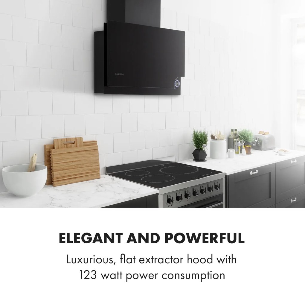 Klarstein Amelia, digestor, 60 cm, nástenný, 586 m³/h, LED, otočné dotykové ovládanie, čierny