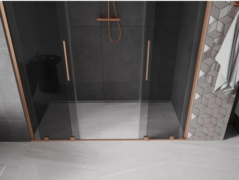 Mexen Velar Duo, posuvné sprchové dvere do otvoru 200 cm, 8mm šedé sklo, medená matná, 871-200-000-42-65
