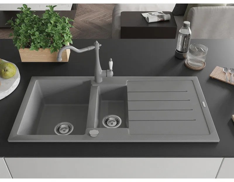 Mexen Andres, granitový drez 1000x500x200 mm, 1,5-komorový a drezová batéria Carla, šedá, 6515-71-670700-71