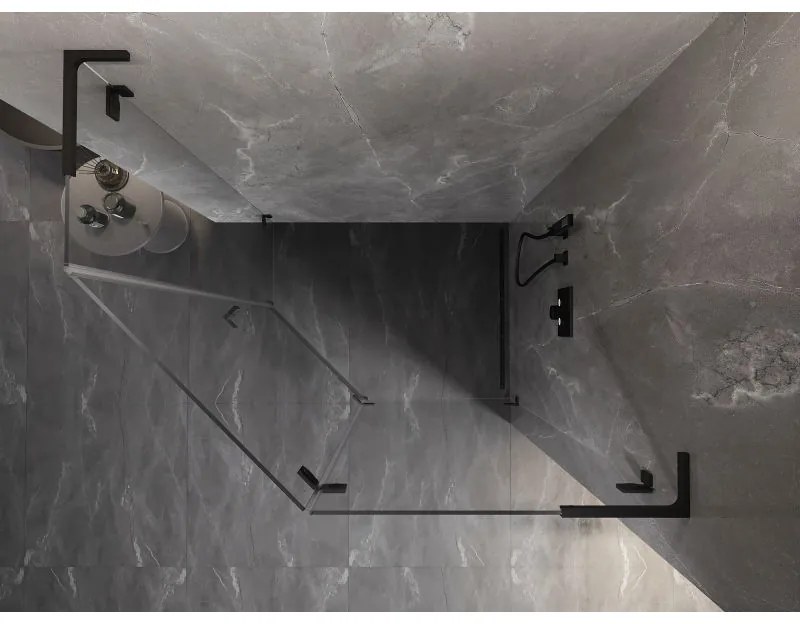 Mexen Lunar, L pravý päťuholníkový sprchový kút 90 x 80 cm, 8mm číre sklo, čierny profil, 831L-090P-080L-70-00-P
