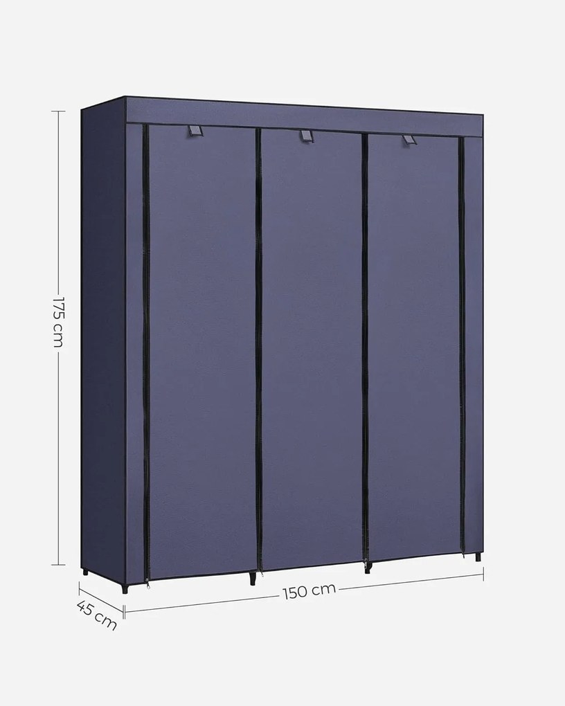 Veľká látková skriňa, 2 závesné tyče, 9 políc, 175x150x45cm, tmavo modrá