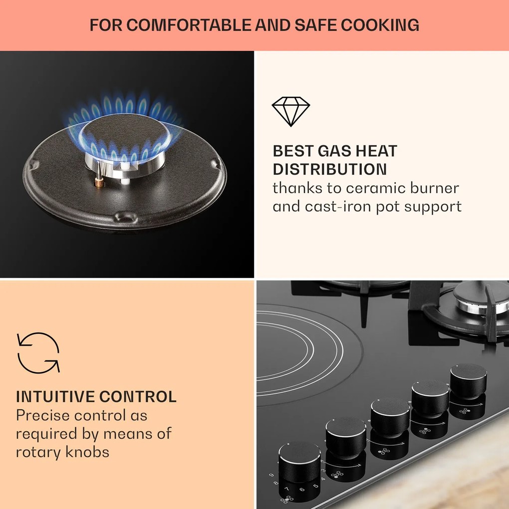 Klarstein MultiChef 5, kombinovaná plynová varná doska, 5 zón, plyn/sklokeramika