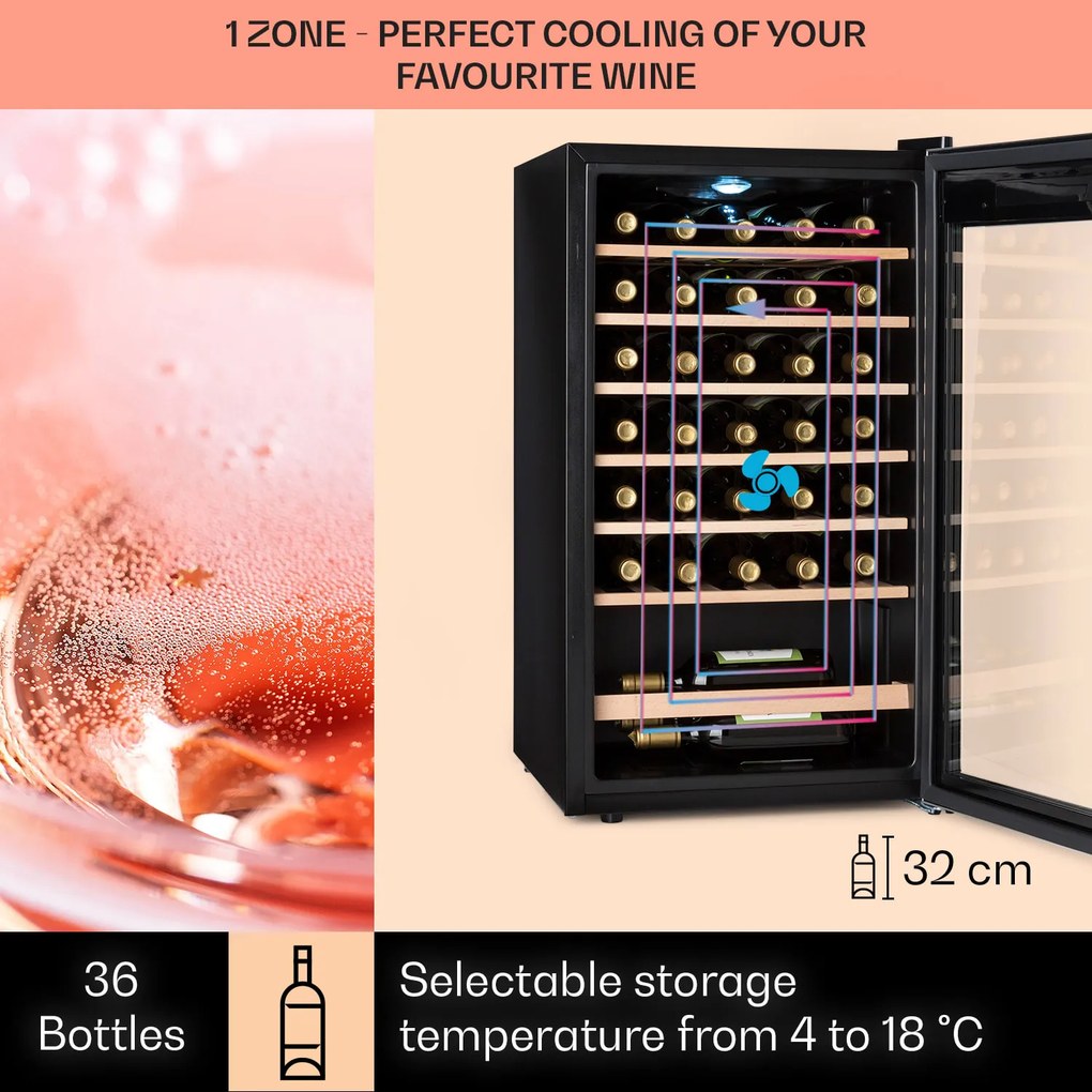 Klarstein Vinamour 32 Uno, vinotéka, 95 l, 36 fliaš, 4-18°C, 1 zóna, dotykové ovládanie