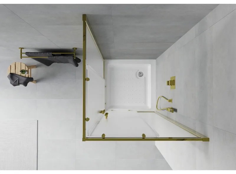 Mexen Rio, štvorcový sprchovací kút s posuvnými dverami 70(dvere) x 70(dvere) x 190 cm, 6mm sklo námraza, zlatý profil + biela sprchová vanička RIO, 860-070-070-50-30-4510