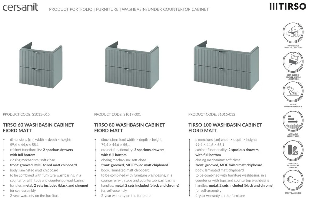 Cersanit Tirso, závesná umývadlová skrinka 994x447x572 mm + keramické umývadlo, zelená matná, S801-546