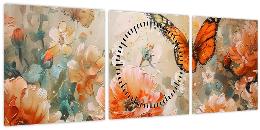 Obraz - Motýľ a kvety, olejomaľba (s hodinami) (90x30 cm)