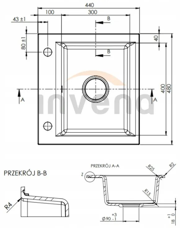 Invena Tesalia, 1-komorový granitový drez 440x480x160 mm a chrómový sifón, INV-AZ-01-041-B