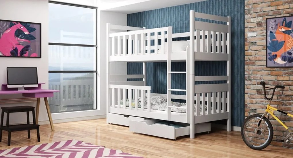 Detská poschodová posteľ z masívu MARIE so šuplíkmi 200x90 cm - biela