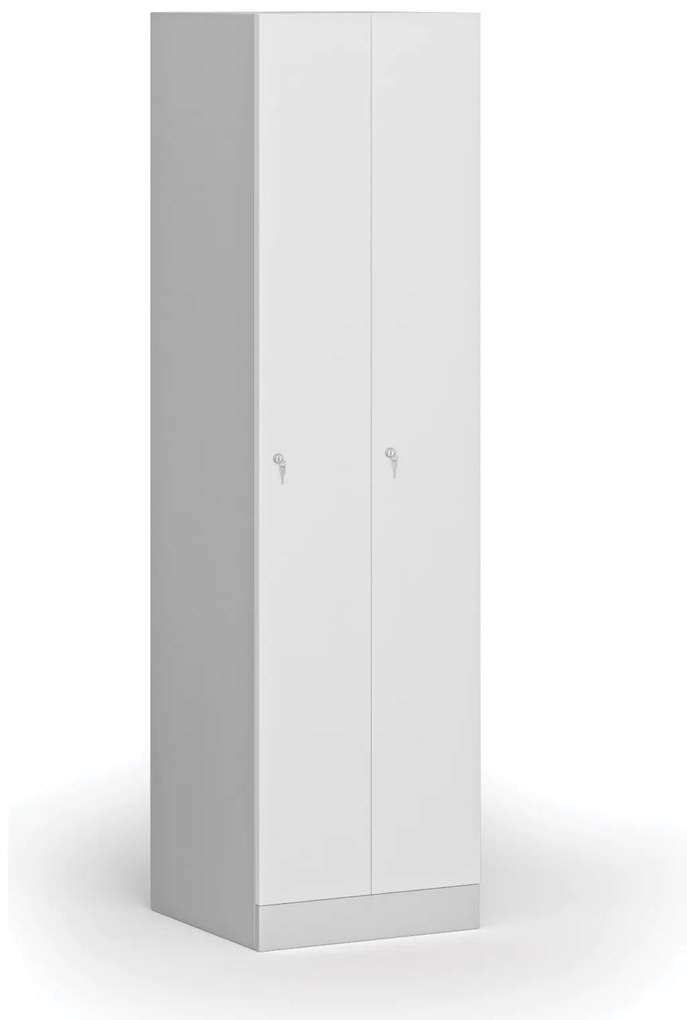 Kovová šatníková skrinka S1 zúžená, 2 oddiely, 1850 x 500 x 500 mm, cylindrický zámok, laminované dvere, biela