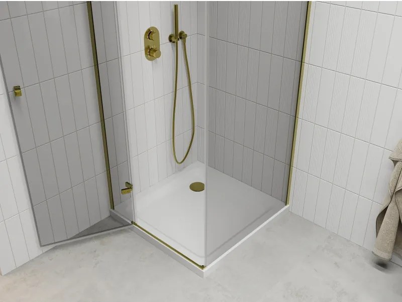 Mexen Roma, sprchovací kút 70 (dvere) x 70 (stena) cm, 6mm číre sklo, zlatý profil + slim sprchová vanička 5cm, 854-070-070-50-00-4010