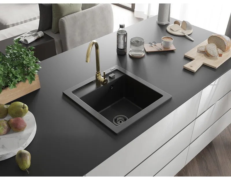 Mexen Vito, 1-komorový granitový drez 520x490x210 mm, zlatá batéria Telma, čierna, 6503-77-670200-50-B