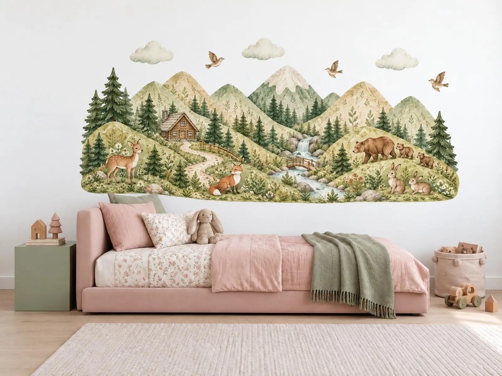 Horský zrub a zvieratká detské akvarelové nálepky na stenu hárok 46 x 20 cm