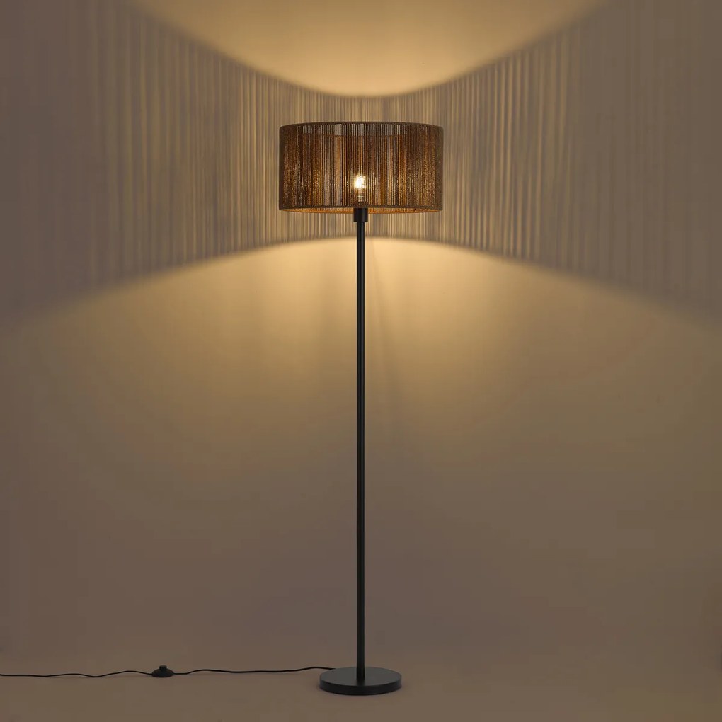 Stojacia lampa čierna s hnedým tienidlom z papierového lana 50/50/25 - Simplo