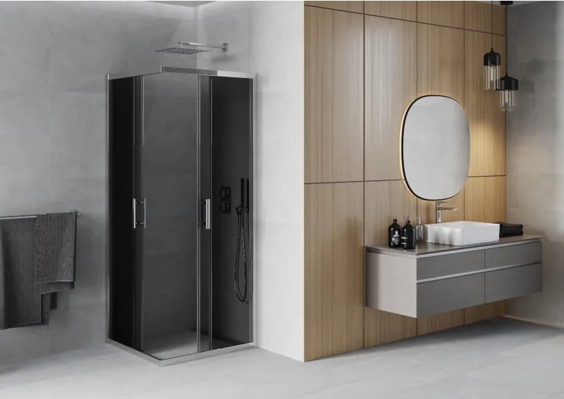 Mexen Rio, štvorcový sprchovací kút s posuvnými dverami 80(dvere) x 80(dvere) x 190 cm, 6mm šedé sklo, chrómový profil, 860-080-080-01-40