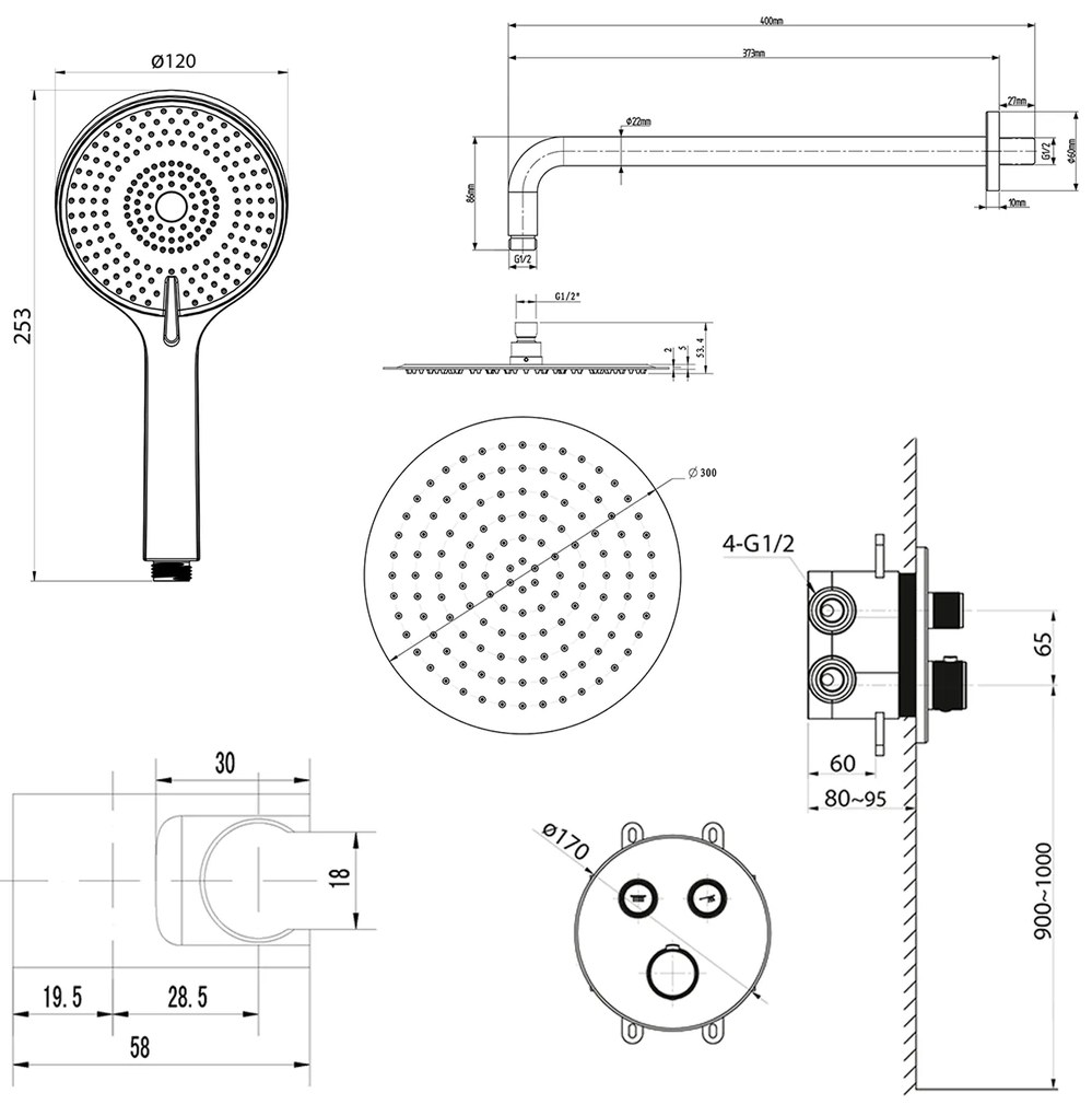 Sapho Sapho, SMART SELECT podomietková termostatická sprchová súprava, 2 výstupy, vystúpenie, čierna mat, RP032B-01