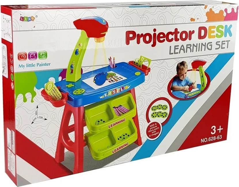 LEAN Toys Zásuvkový vzdelávací stôl s projektorom 36 obrázkov Pastelky Šablóny Modrá červená