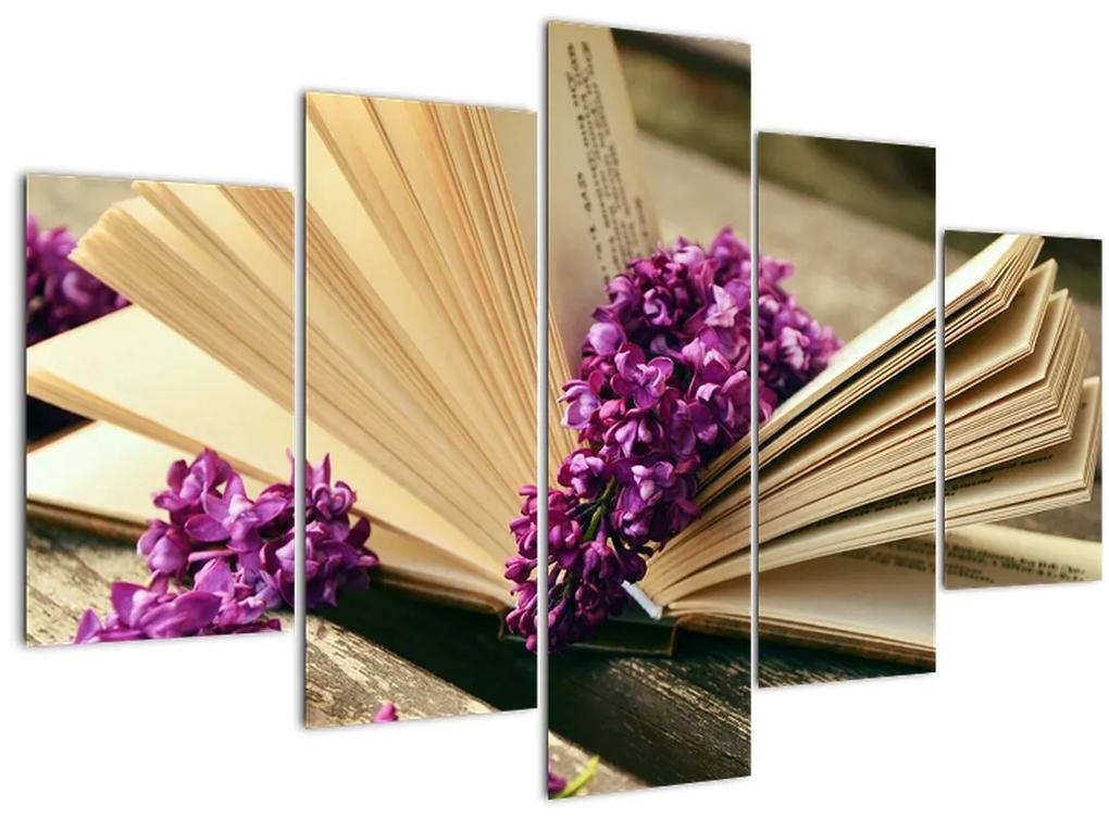 Obraz knihy a fialovej kvetiny (150x105 cm)