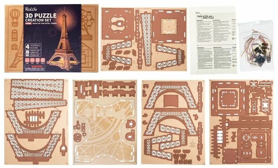 RoboTime 3D Drevené puzzle Rolife Noc Eiffelovej veže svietiace