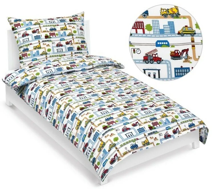 Bellatex Detské bavlnené obliečky Junior Mesto City zelená, 140 x 200, 70 x 90 cm