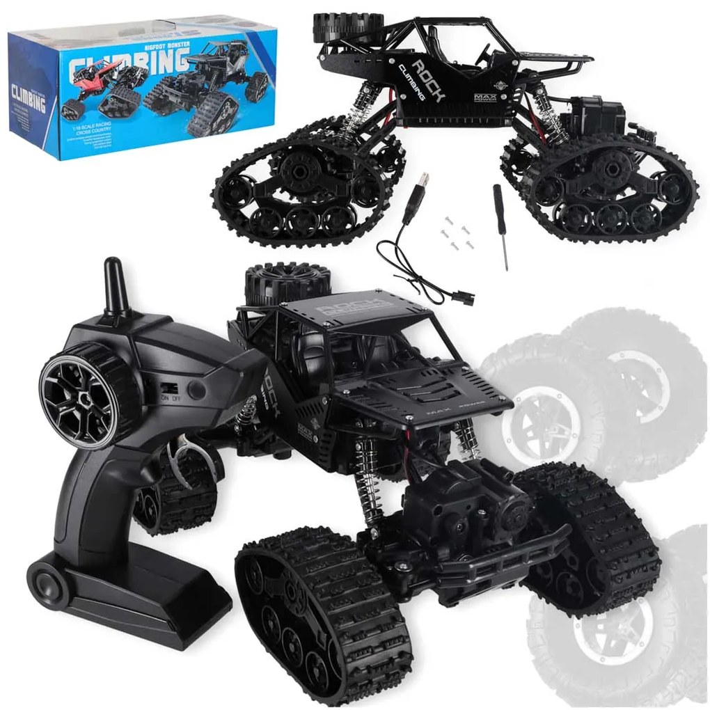 KIK Diaľkovo ovládané RC Horolezecké auto 4x4 Crawler 2v1 (pásy/kolesá) čierne 2,4 GHz