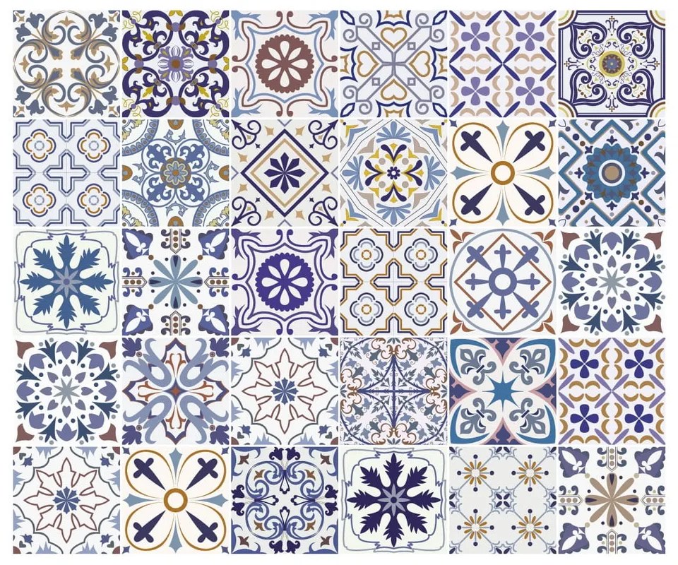 Súprava 30 nástenných samolepiek Ambiance Tiles Azulejos Riviera, 10 × 10 cm