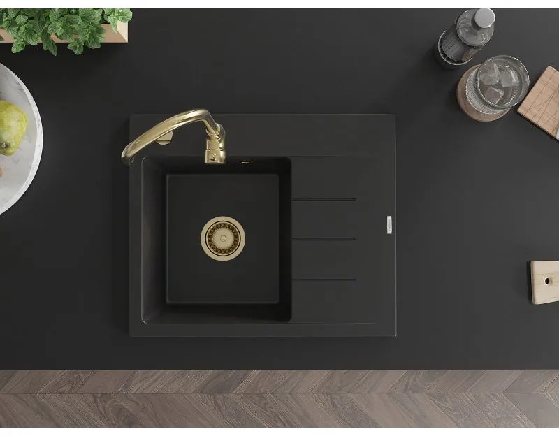 Mexen Ben, 1-komorový granitový drez 600x500x190 mm, ľavý + zlatý sifón, čierna, 6522605000-77-G