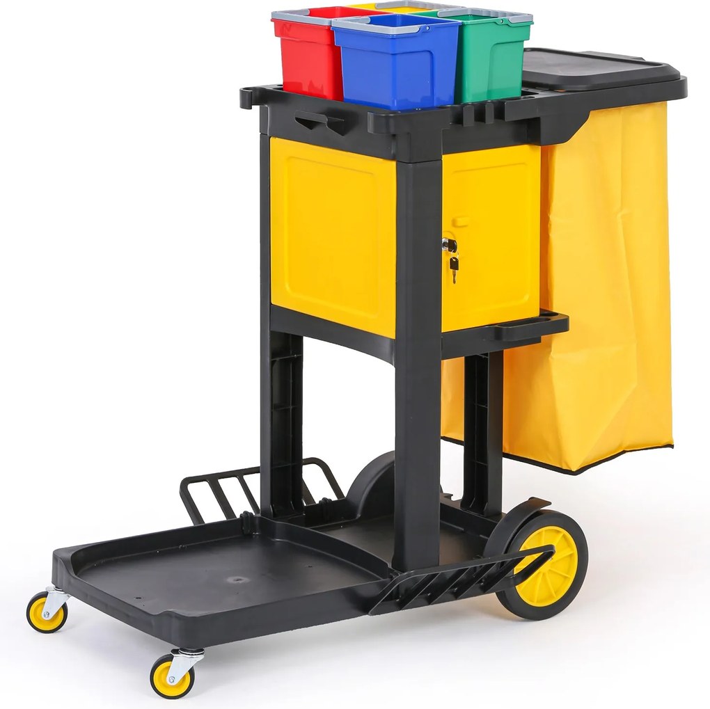 Profesionálny upratovací vozík so 4 vedrami, držiakmi mopov, skrinkou a vrecom s vekom, 1120 × 710 × 1100 mm
