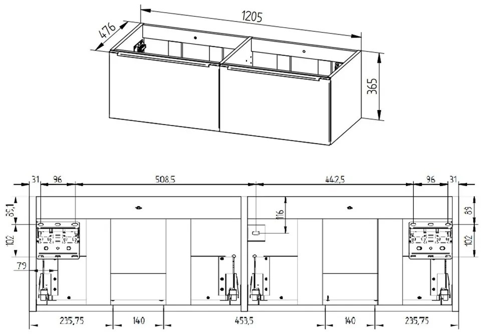 Mereo Mereo, Mailo, kúpeľňová skrinka s keramickým umývadlom 121 cm, chrómové madlo, MER-CN538