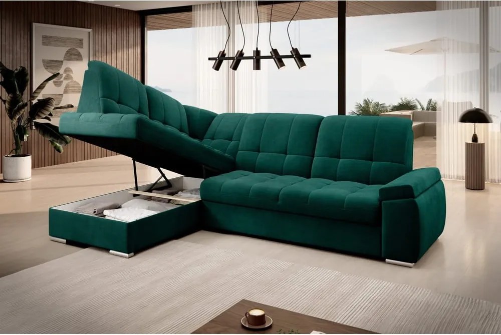 Zelená zamatová rozkladacia/s úložným priestorom rohová pohovka (ľavý roh/do L) Sado – ELTAP