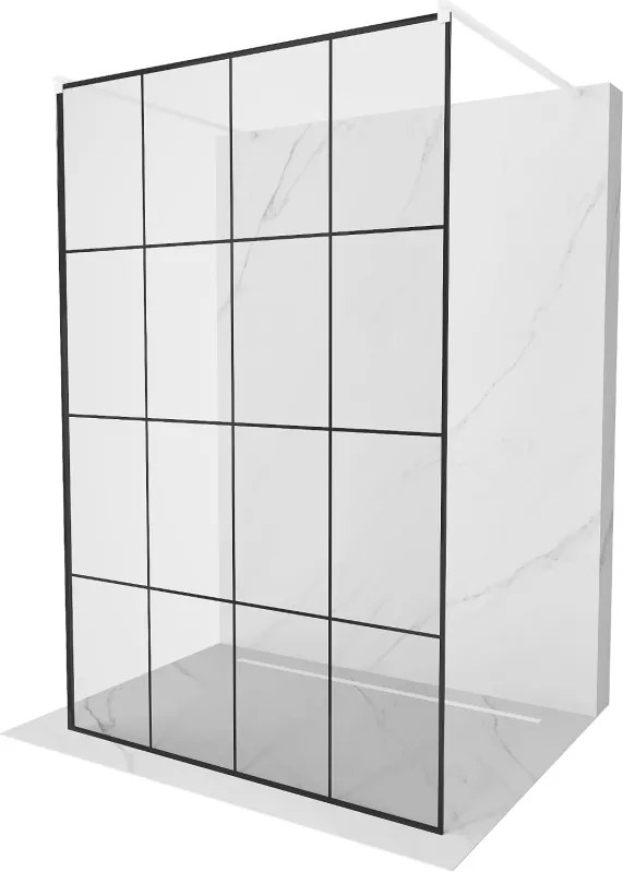 Mexen Kioto, priechodná sprchová zástena 140 x 200 cm, 8mm sklo číre/čierny vzor, 2x biela stabilizačná rozpera, 800-140-002-20-77