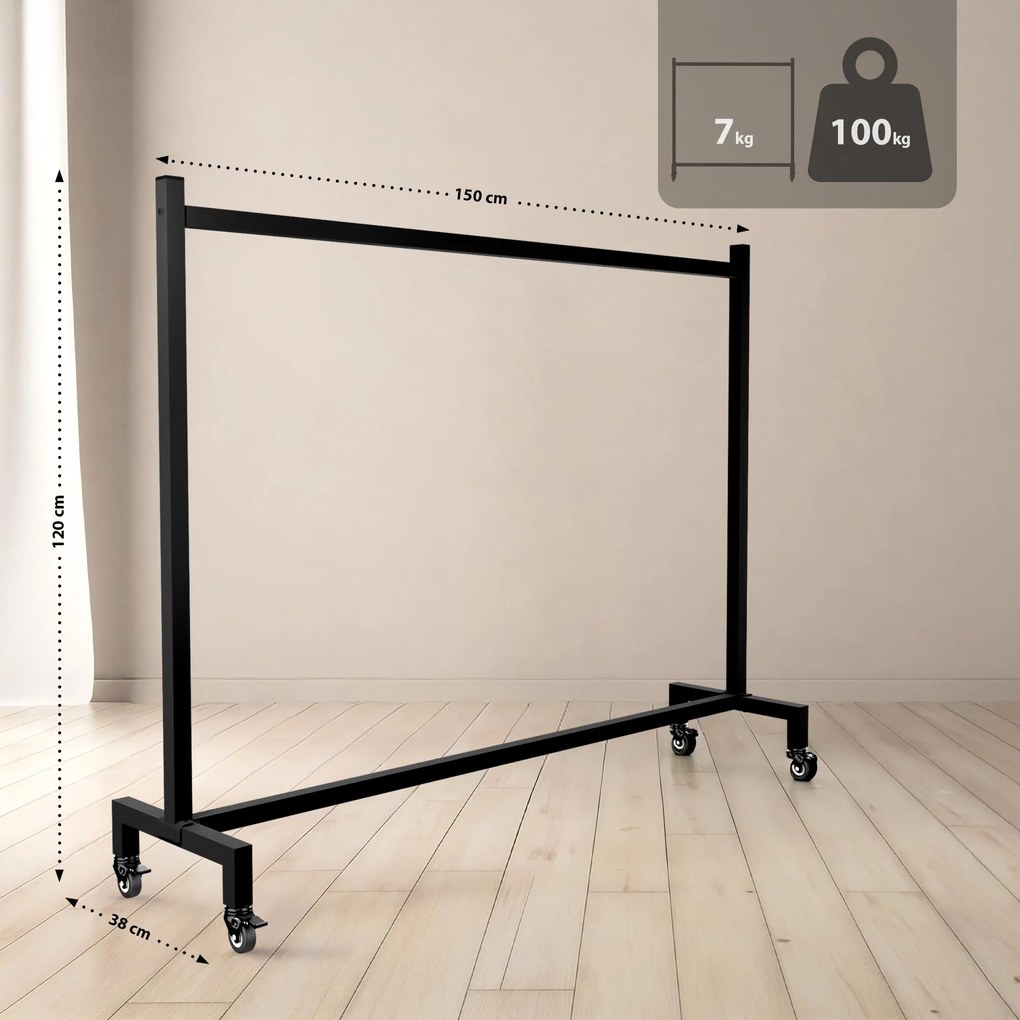 Vešiak s kolieskami na oblečenie Gisborne 150x38x120 - čierna