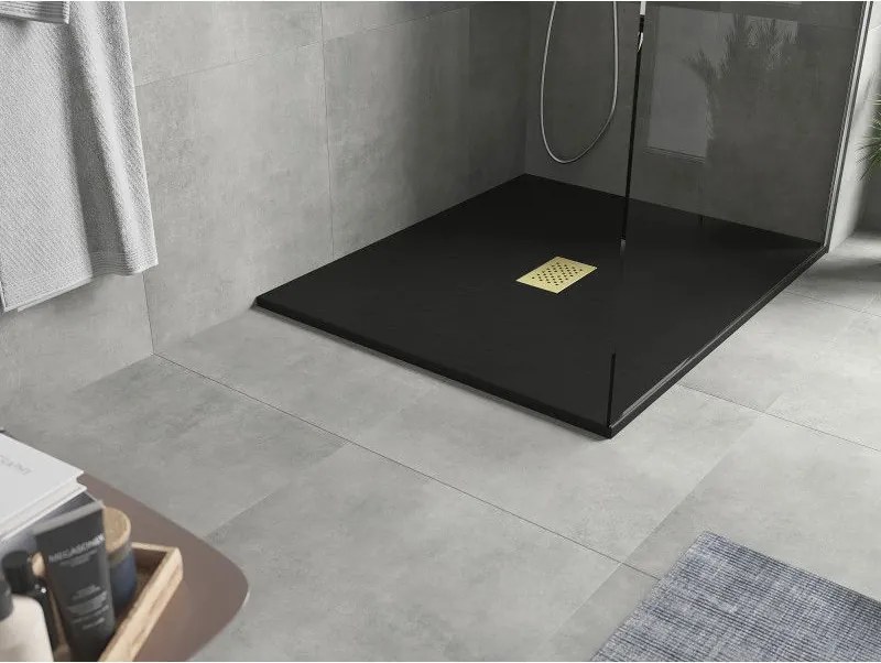 Mexen Hugo, obdĺžniková sprchová vanička SMC 110 x 100 cm, čierna, zlatá krytka, 42701011-G