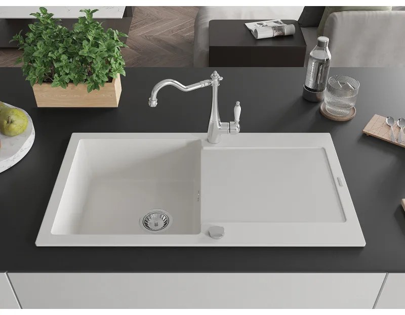 Mexen Leo, granitový drez 900x500x190 mm, 1-komorový a drezová batéria Carla, biela, 6501-20-670700-00