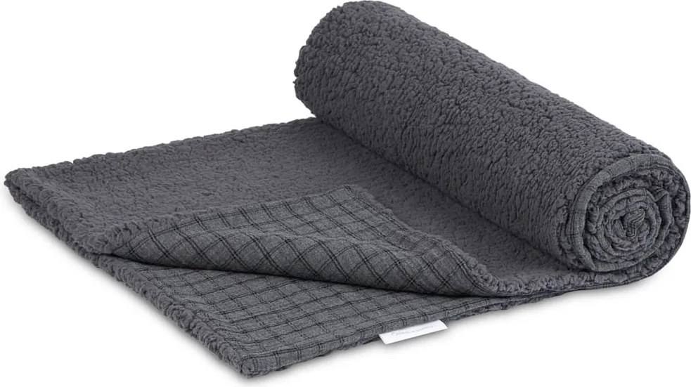 Obojstranný prehoz z mušelínu a umelej kožušiny grafitovo kockovaná 140x200 cm